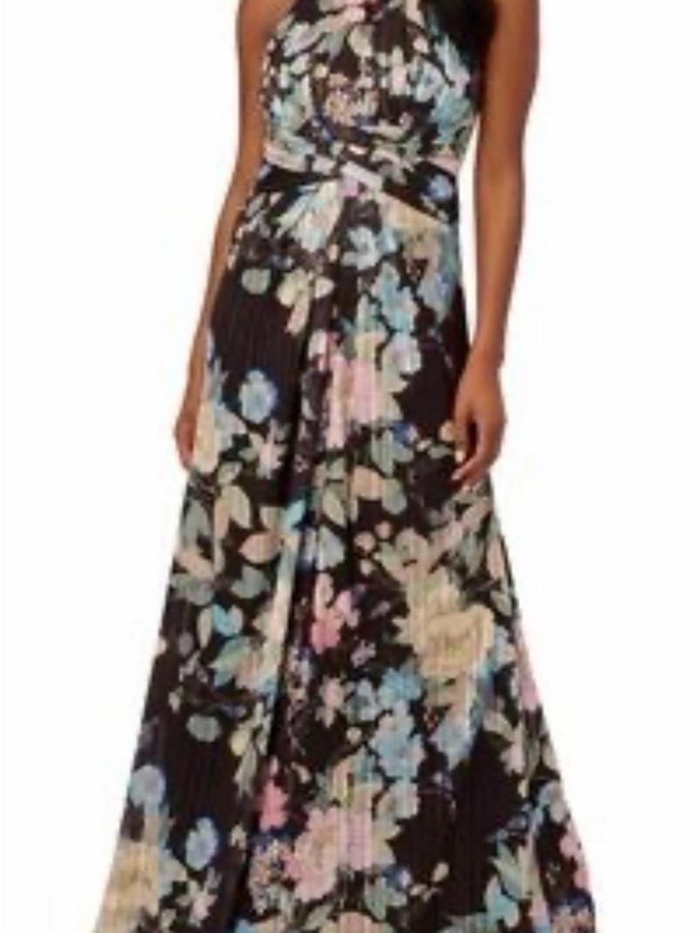 Adrianna Papell Black Floral Halter Maxi Dress with Pastel Accents